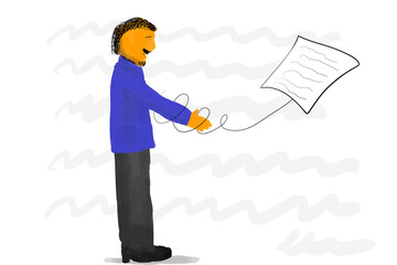 The person pulls out his hand and signs the contract. Abstract illustration on the topic of work, business, office, documents, contract. Minimal style.