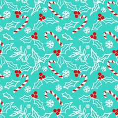 Christmas themed doodle style holly berries and candy canes pattern - 471800606