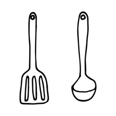 vector drawing in the style of doodle. steamer, kitchen spatula, whisk for beating. simple drawing of kitchen utensils.