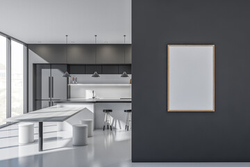 Stylish kitchen interior with furniture, chairs and eating table, mock up poster