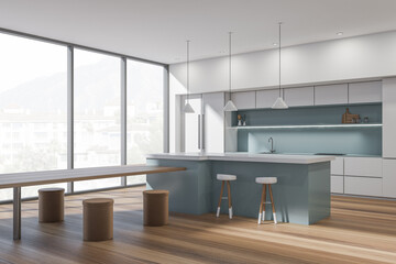 Wooden kitchen set interior with dining table and chairs, panoramic window