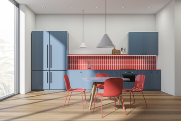 Light kitchen set interior with dining table and chairs, shelf with window
