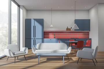 Light kitchen set interior with dining table and lounge with sofa, window