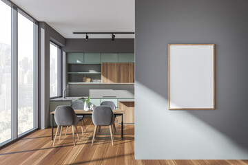 Grey kitchen interior with furniture, chairs and eating table, mock up poster
