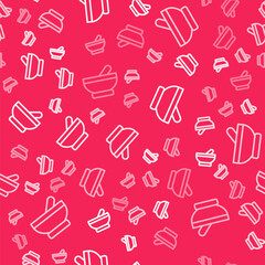 White line Witch cauldron icon isolated seamless pattern on red background. Happy Halloween party. Vector