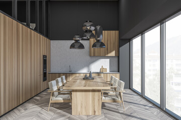 Dark kitchen room interior with dining table, six armchairs