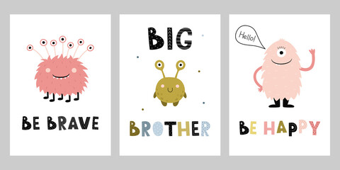 A set of posters with cute cartoon monsters. Funny characters with hand-drawn inscriptions. Vector illustration for the design of a children's room, kid's clothing, T-shirt print, party invitations