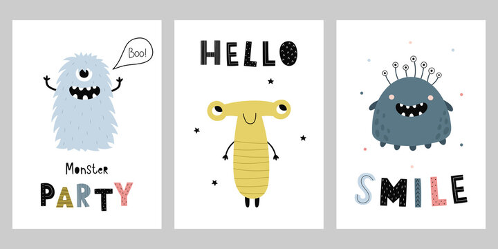 A set of cards with cute cartoon monsters. Funny characters with hand drawn inscriptions. Vector illustration for the design of a kid's room, children's clothing, T-shirt print, party invitations