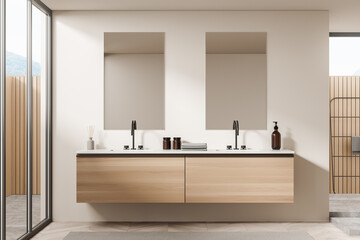 Fototapeta na wymiar Light bathroom interior with sinks and mirror, towel rail ladder