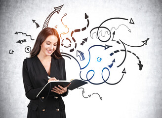 Businesswoman with notebook, arrows with different direction, di