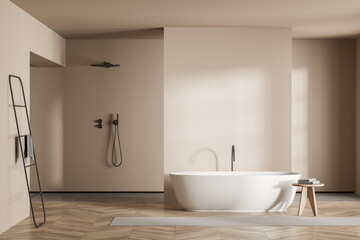 Fototapeta na wymiar Minimalist beige bathroom with open concept shower