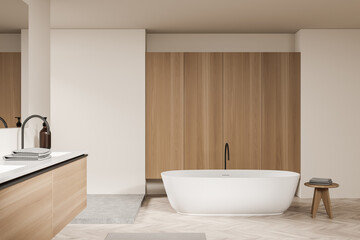 Naklejka na ściany i meble Light bathroom interior with sink and mirror, tub and table