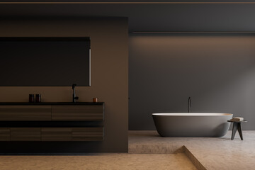 Fototapeta na wymiar Dark grey bathroom with open shelf vanity
