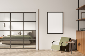 Bright living room interior with empty white poster, armchair, bed