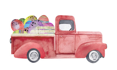 Watercolor Easter red retro truck with eggs. Old car illustration for Easter card making