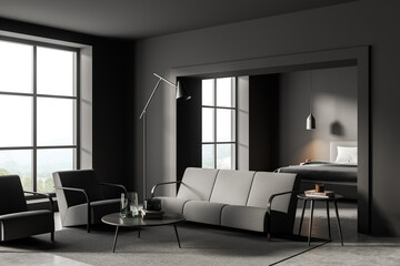 Living room interior with two armchairs, sofa, bed, panoramic window