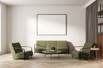 Bright living room interior with empty white poster, two armchairs