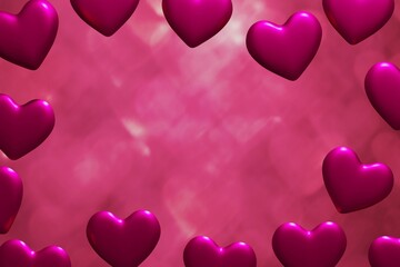 3d render of pink hearts frame with heart bokeh for Valentines Day