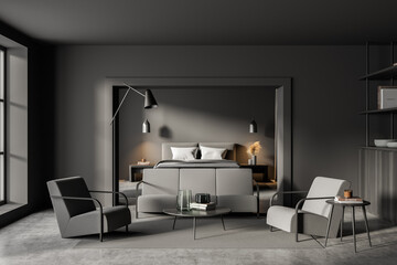 Dark grey living space with bedroom on background