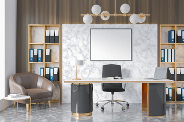 Fototapeta premium Business room interior with desk and armchair, shelf with documents. Mockup poster