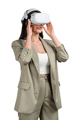 Young woman in beige suit with vr glasses, isolated white backgr