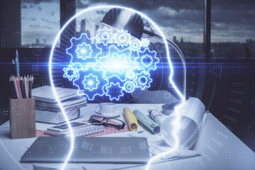 Double exposure of brain drawing and office interior background. Concept of data technology.