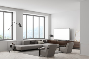 Living room interior with sofa and seats, window and television mockup screen