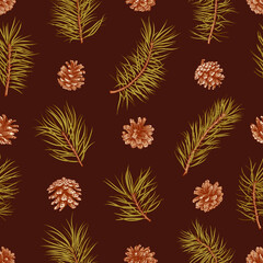 Fototapeta premium Christmas dark background with pine branches, cones. Vintage botanical seamless pattern with conifers. Engraving style. Traditional colors.