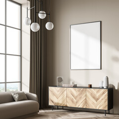 Light guest room interior with sofa and drawer, window and mockup poster