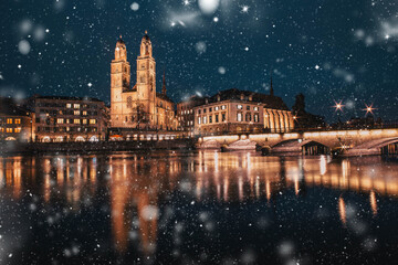 pheavy snowfall in Zurich on a winter night