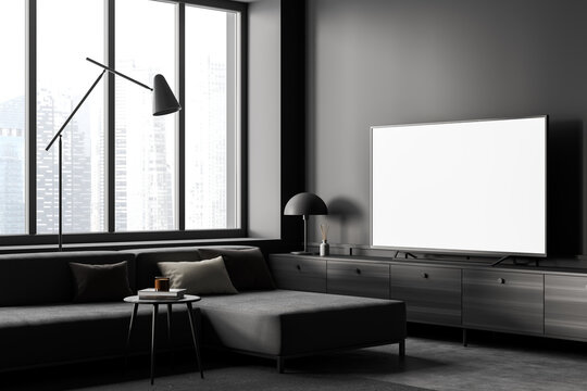 Living room interior with sofa and window, television mockup screen