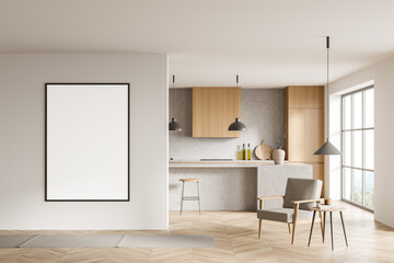 Light kitchen interior with armchair and kitchen set with table, mock up poster