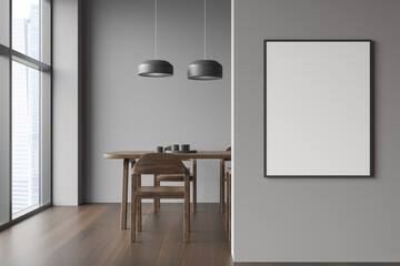 Wooden dining room interior with furniture and window, mockup poster