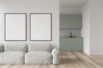 Light kitchen interior with white sofa and kitchen set, mock up poster
