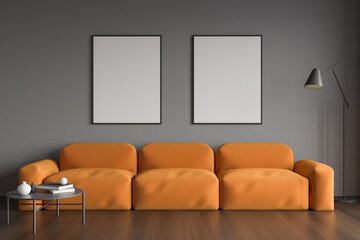 Two canvases in grey and orange living room