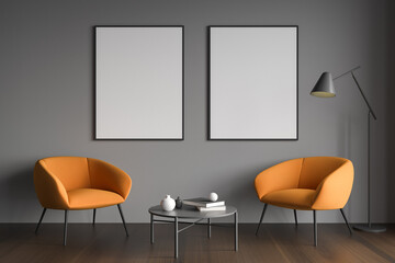 Two orange armchairs with wall art. Living room seating idea.