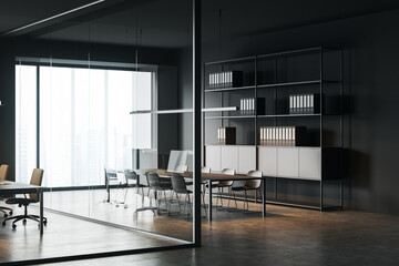 Dark grey office hallway with meeting room. Corner view.