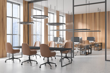 Wooden business room interior with conference and coworking space, city view