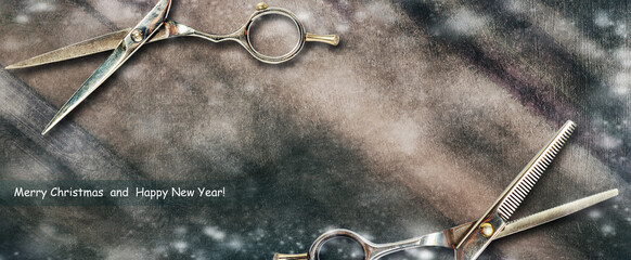 New Year banner for the Hairdresser. Hairdressing scissors. Snow effect. Copy space.