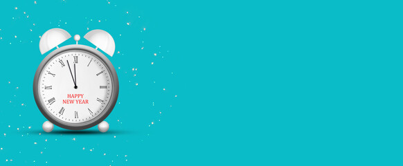 New Year banner. Alarm clock with arrows at 12 o'clock, on a blue background. Copy space. Place for text.