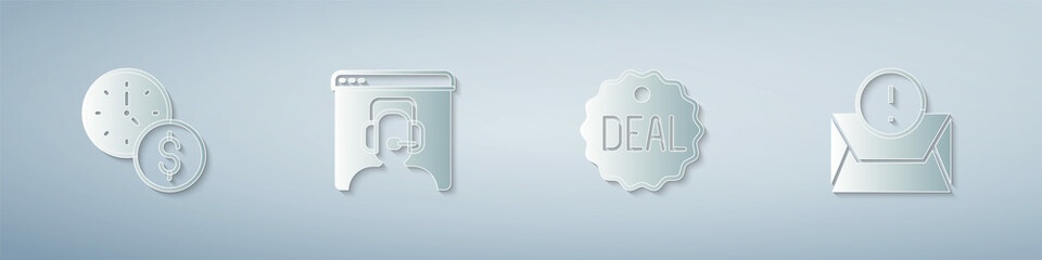 Set Time is money, Telephone 24 hours support, Deal and Envelope. Paper art style. Vector