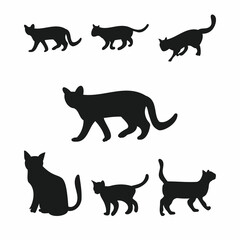 Cat Silhouette vector set with multiple shapes. Cats with different poses silhouettes. Cat vector. Cat walking and sitting. Feline collection on white background. Black kitty vector set design.