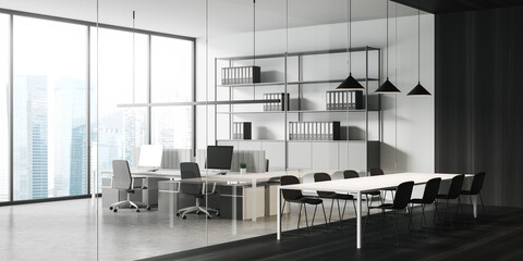 White and black business consulting room interior with furniture and computers