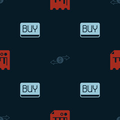 Set Document with graph chart, Money exchange and Buy button on seamless pattern. Vector