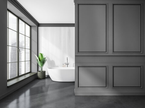 Grey bathroom with white wood wall on background