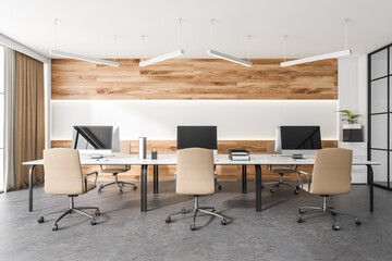 Front view on bright office room interior with panoramic window