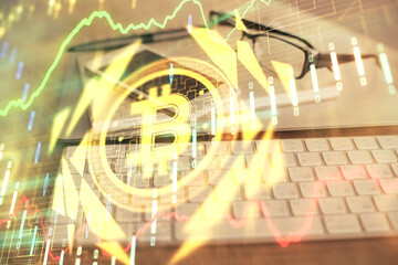 Double exposure of blockchain theme drawing and cell phone background. Concept of cryptomarket