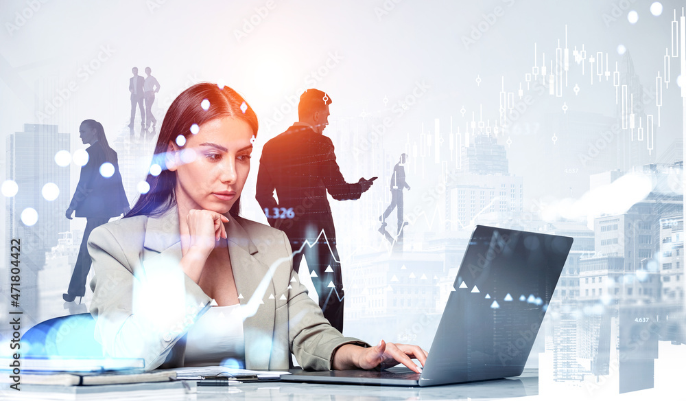 Wall mural businesswoman typing on the laptop, people and graph chart with candlesticks