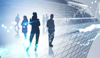 Silhouettes of diverse business people in abstract office space.