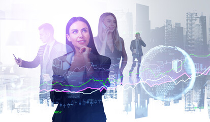 Businesswoman with pensive look, people calling, stock market lines and globe